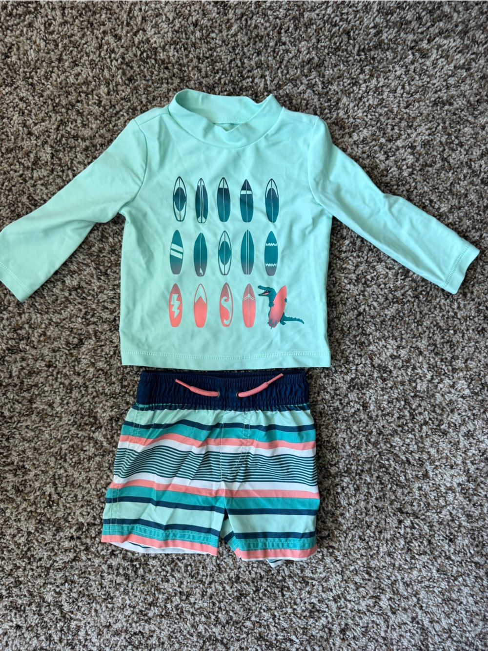 Carter’s 12 month boys swim trunks Mint & Coral Surf Rash Guard Set